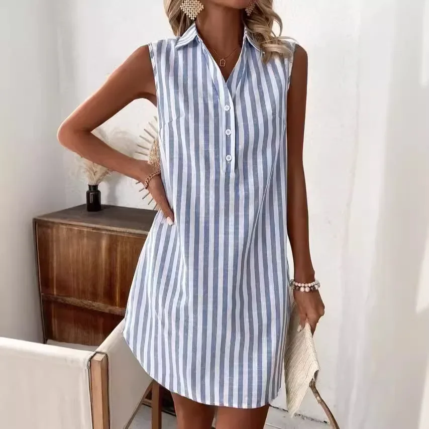 CPSYMYM Minimalistyczna sukienka damska bez rękawów z dekoltem w szpic i guzikami w paski z nadrukiem Modna luźna wygodna codzienna damska