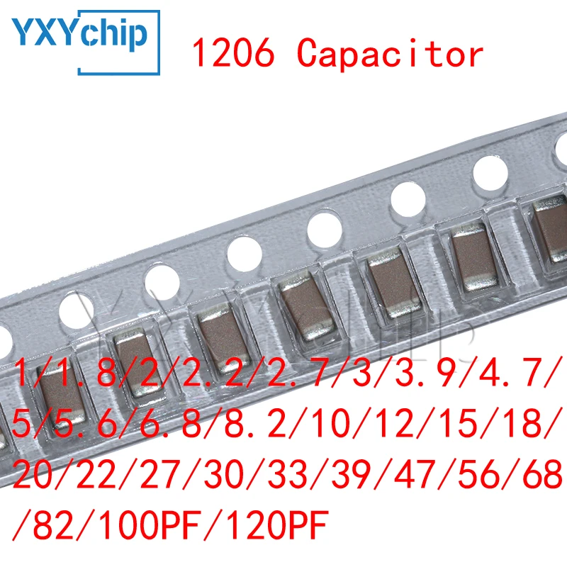 50pcs 1206 SMD Capacitor 1/1.8/2/2.2/2.7/3/3.9/4.7/5/5.6/6.8/8.2/10/12/15/18/20/22/27/30/33/39/47/56/68/82/100PF 120PF NPO C0G