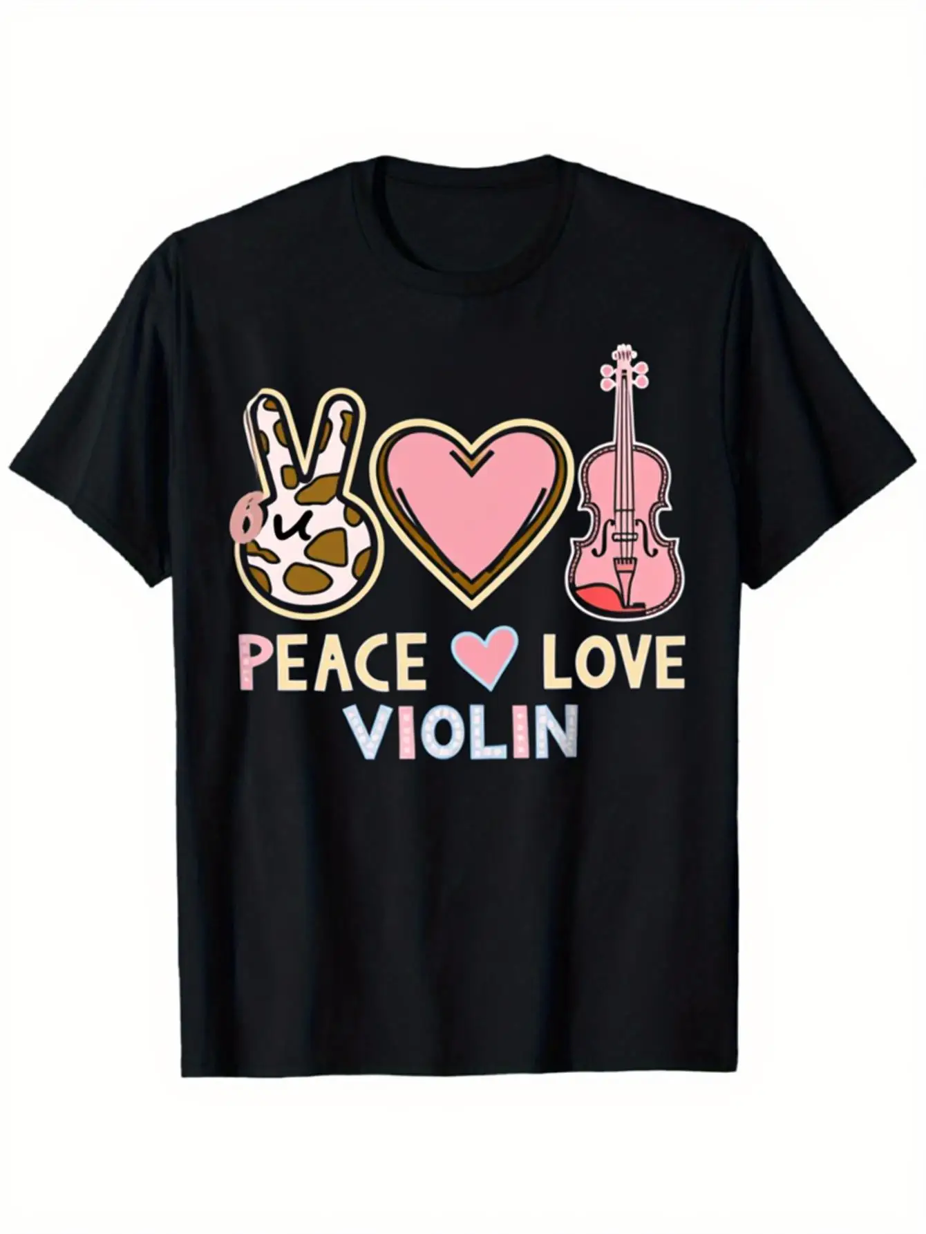 

Peace Love Violin Graphic Tee Men Cotton Casual Short Sleeve Crew Neck T-Shirt Music Lover Gift