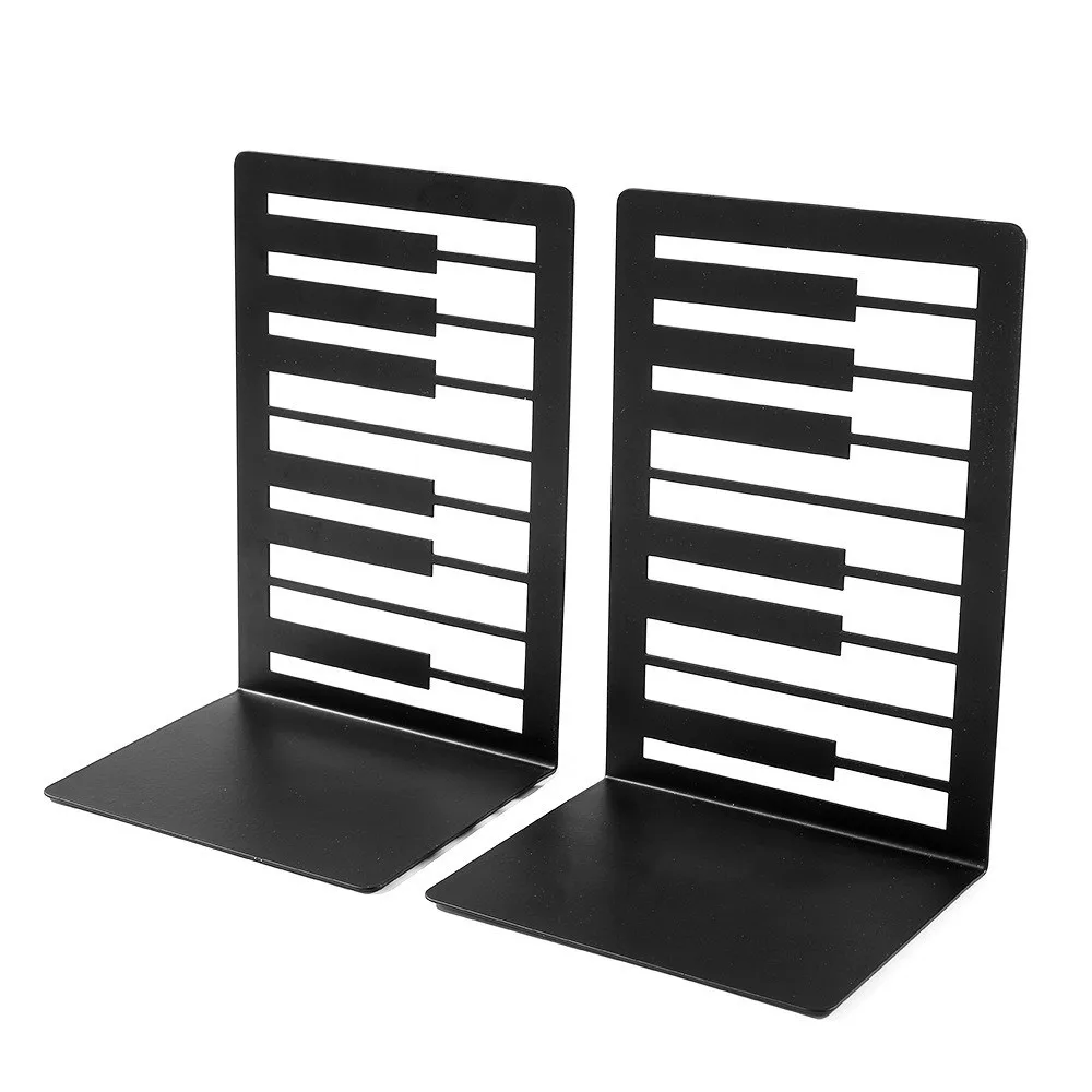 1 Pair L-Shape Music Series Metal Book End Black Durable Piano Key Bookend Exquisite Artistic Music Score Book Holder