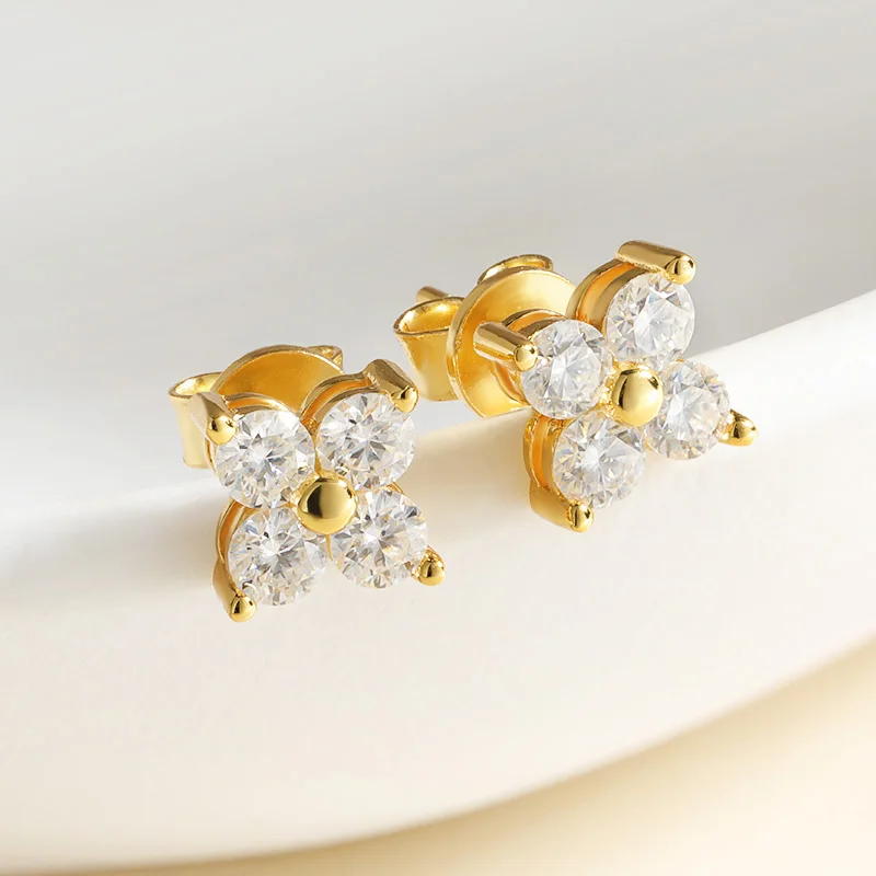 

All Moissanite 0.8CTTW 3mm Stud Earrings for Women Flower 4 Stones Sparkly Classic 925 Sterling Silver Earing GRA Jewelry