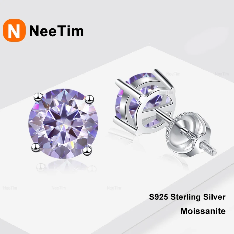 

NeeTim 0.5ct 1ct 2ct Purple Blue Moissanite Earrings for Women 925 Sterling Silver Screw Studs Earring Women's Earrings Jewelry