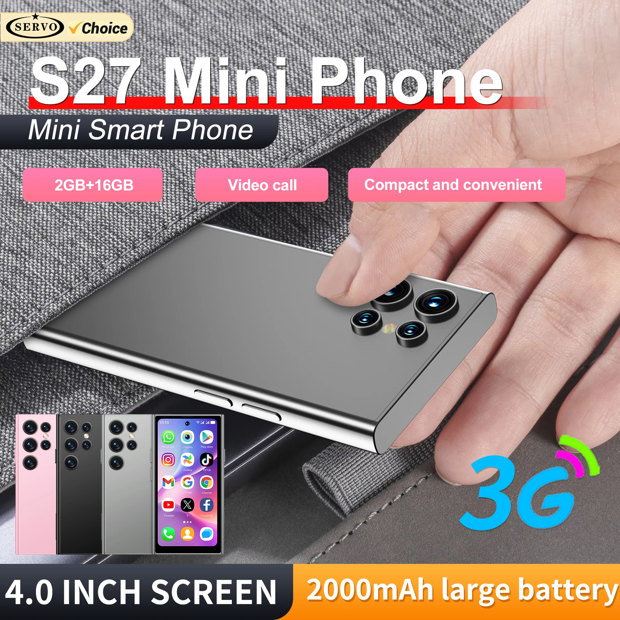 

SERVO S27 MINI Маленький смартфон Сеть 3G Android Система 2 ГБ + 16 ГБ Play Store WhatsAPP WiFi Разблокировка лица 2SIM Смарт-мобильные телефоны