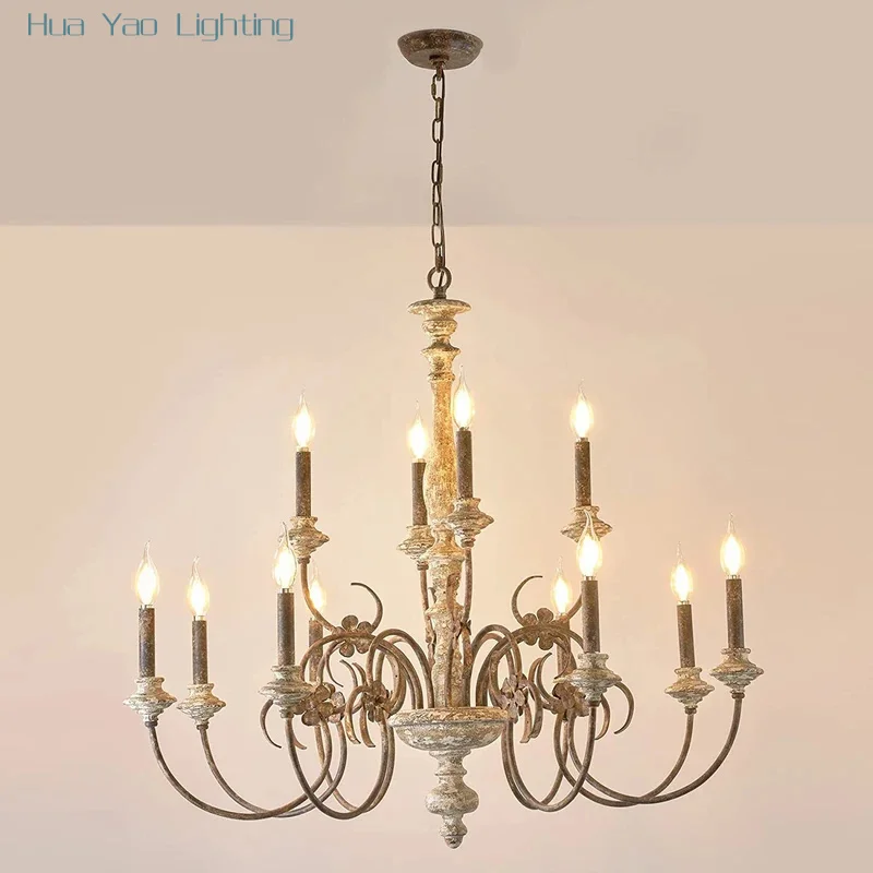 12 Heads French Retro Wooden Chandelier Villa Living Room Dining Room Table Lamp Duplex Restaurant Hotel Hall Pendant Lamps