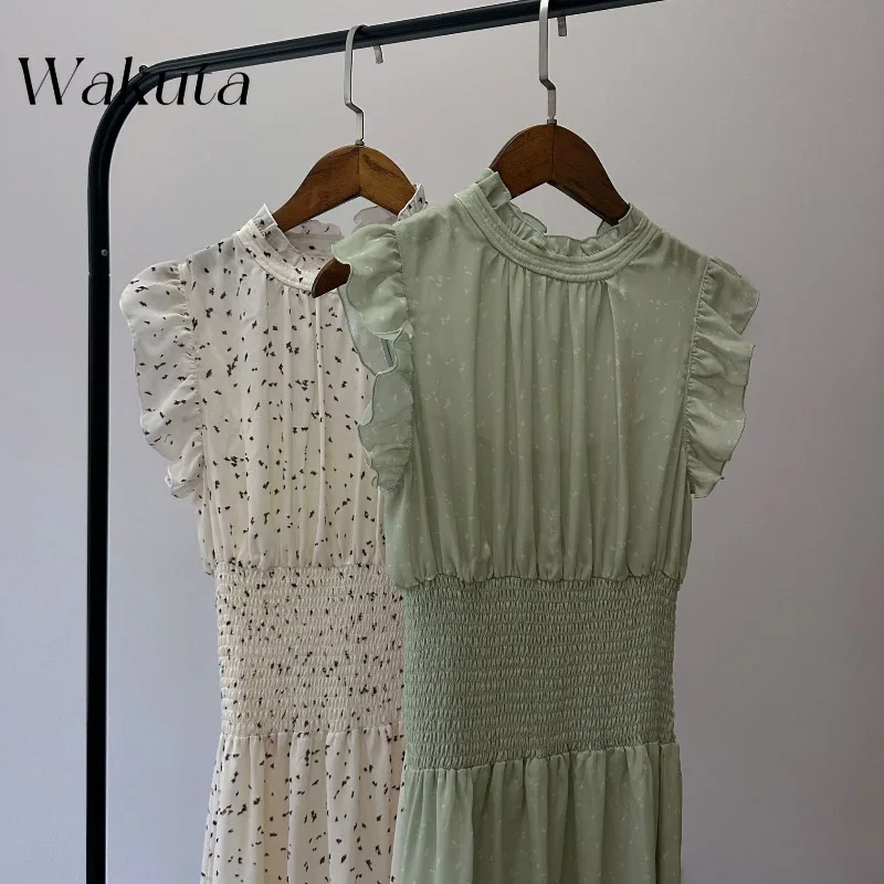 WAKUTA 日本の夏万能ニットヴィンテージカラーバッグ半袖トップハイウエストプリーツ半身スカート 2 点セット Y2k