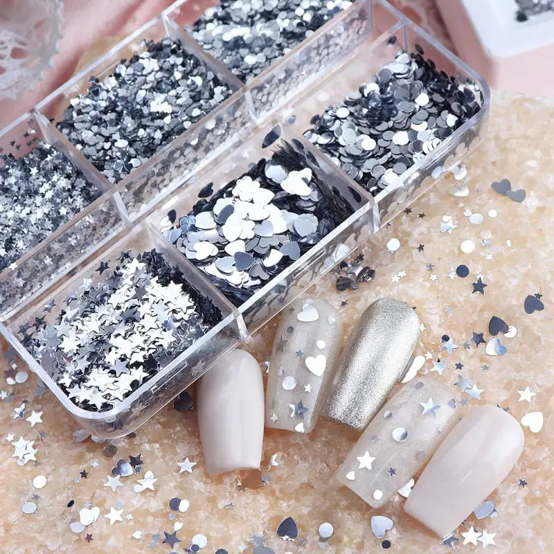 1 ボックスシルバー混合グリッターラブスタースパンコールネイルチャーム 3D ネイルデコレーションネイルジュエリーネイルサロンアートマニキュア用品