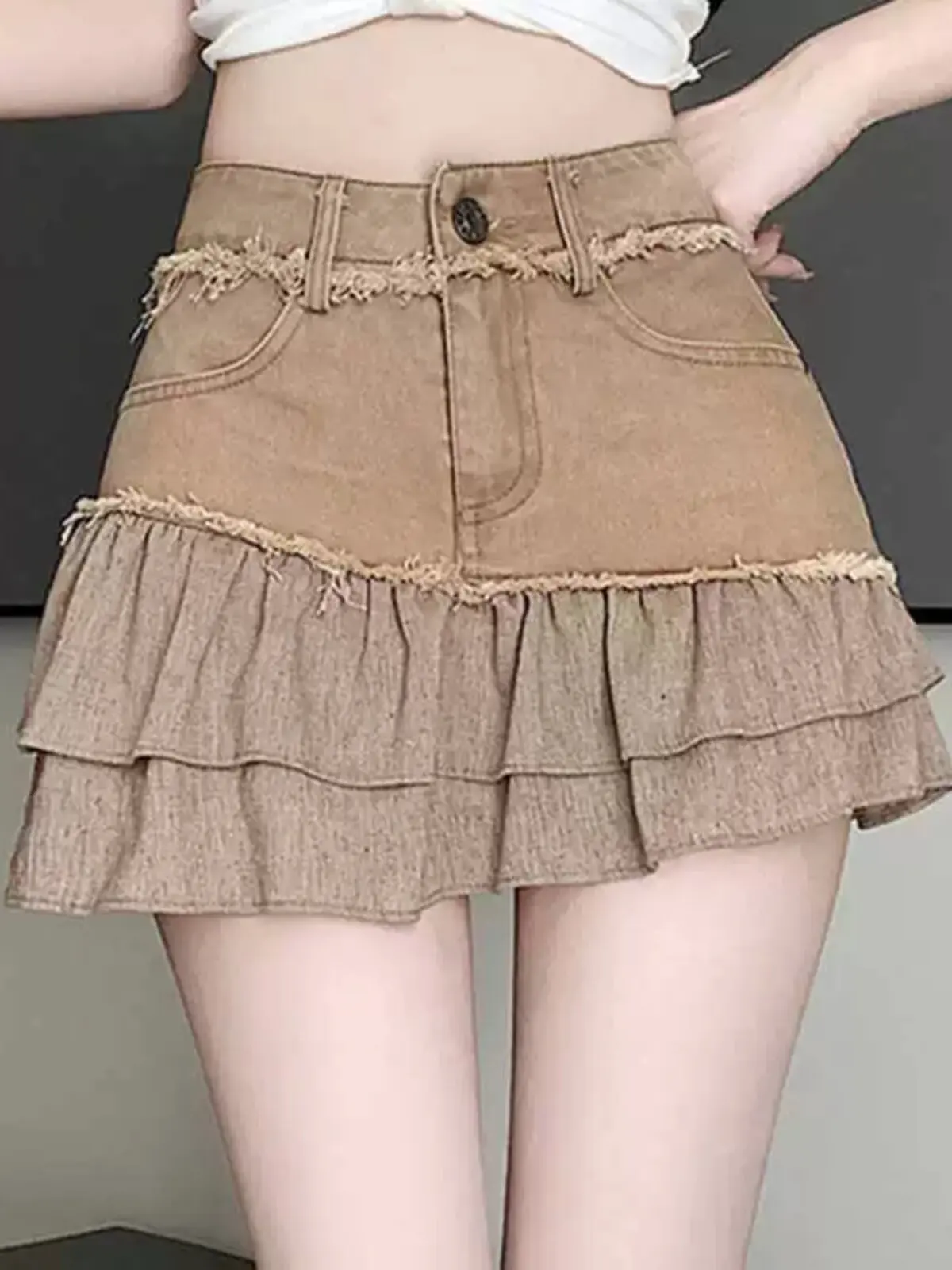 Women Khaki Denim Mini Skirt Y2K Gyaru Vintage Skirt High Waist Irregular Patchwork Ruffle A-line Cowboy Skirt for Women Summer