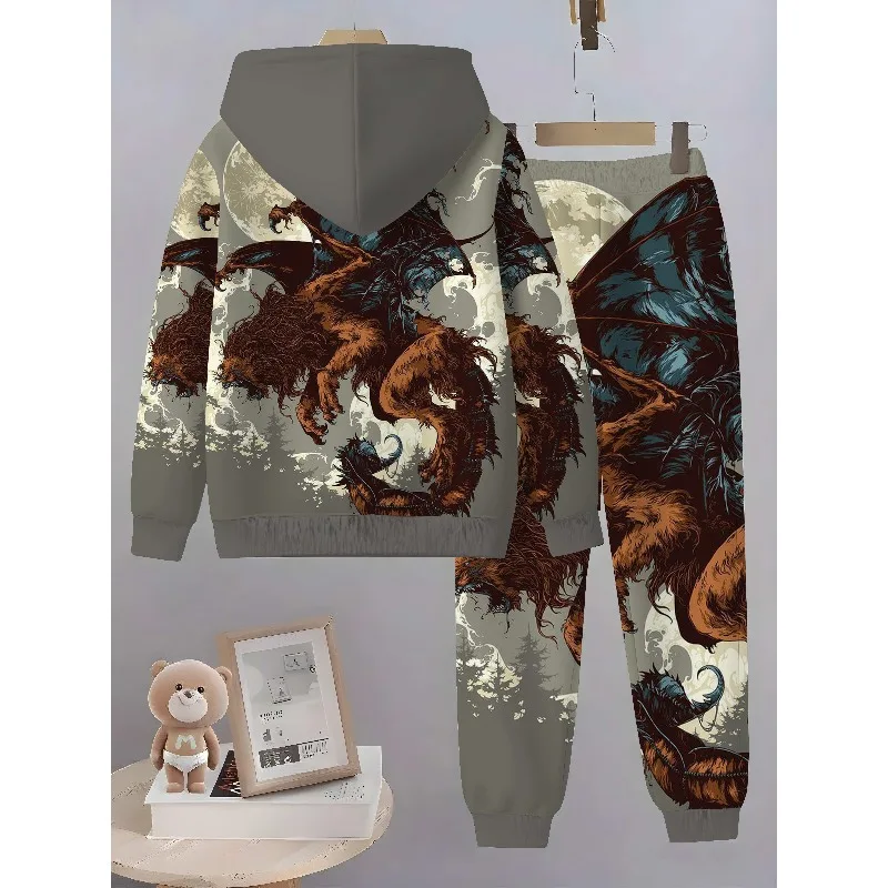 2025 Conjunto de 2 piezas con capucha y pantalones deportivos con estampado de bestia voladora y estampado digital 3D