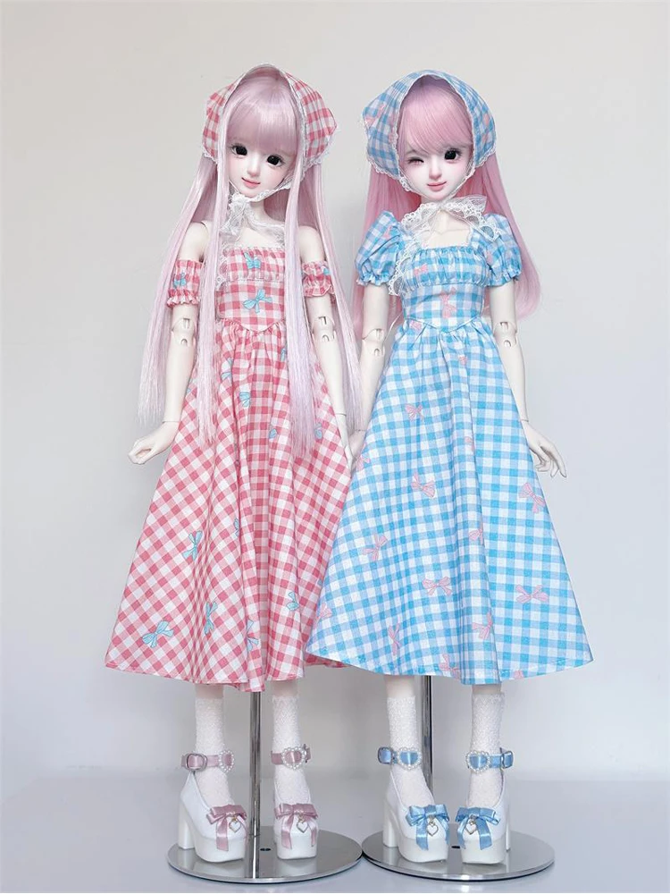 D09-P182 children handmade toy   1/4 MDD MSD BJD Doll clothes One shoulder plaid dress 3pcs/set