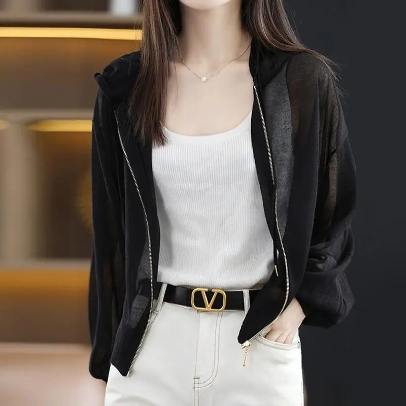 

Вязаный кардиган с капюшоном и длинными рукавами, женский топ с объемными рукавами, летняя свободная солнцезащитная рубашка, тонкая куртка