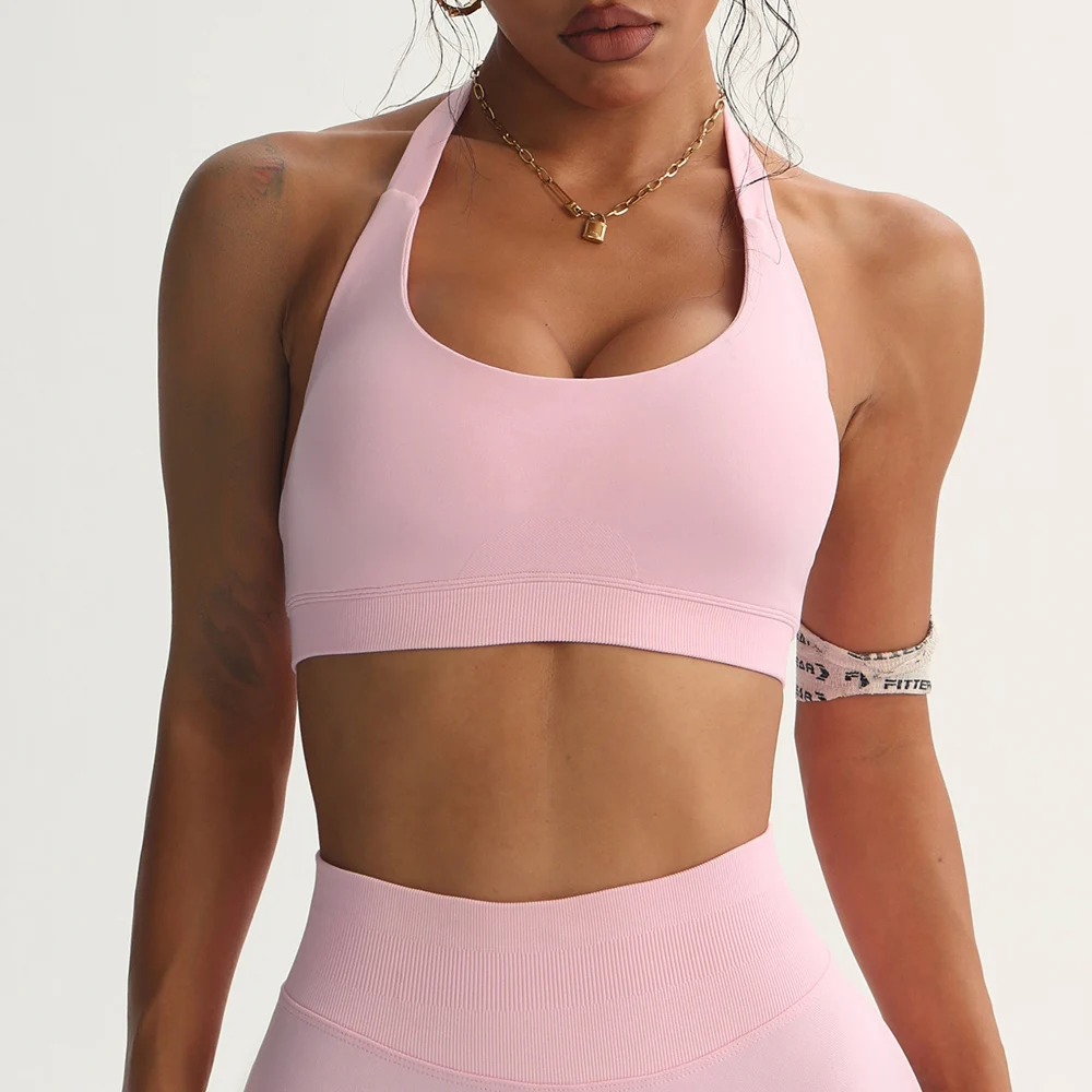 Sports Bra Women Seamless Halter Neck Strap Bra Padded Open Back Yoga Top Bra Medium Support Gym Crop Top