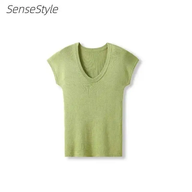 

Women U-neck Knitted Pullovers,9%Acetate 8%Wool Slim Short Sleeve Sweater,Spring Summer Breathable Tops