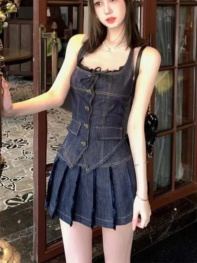 American Style Outfits 2 Piece Skirt Set Korean Single Breasted Denim Halter Tops + Women Fashion Sexy Pleated Skirt Hot Girls