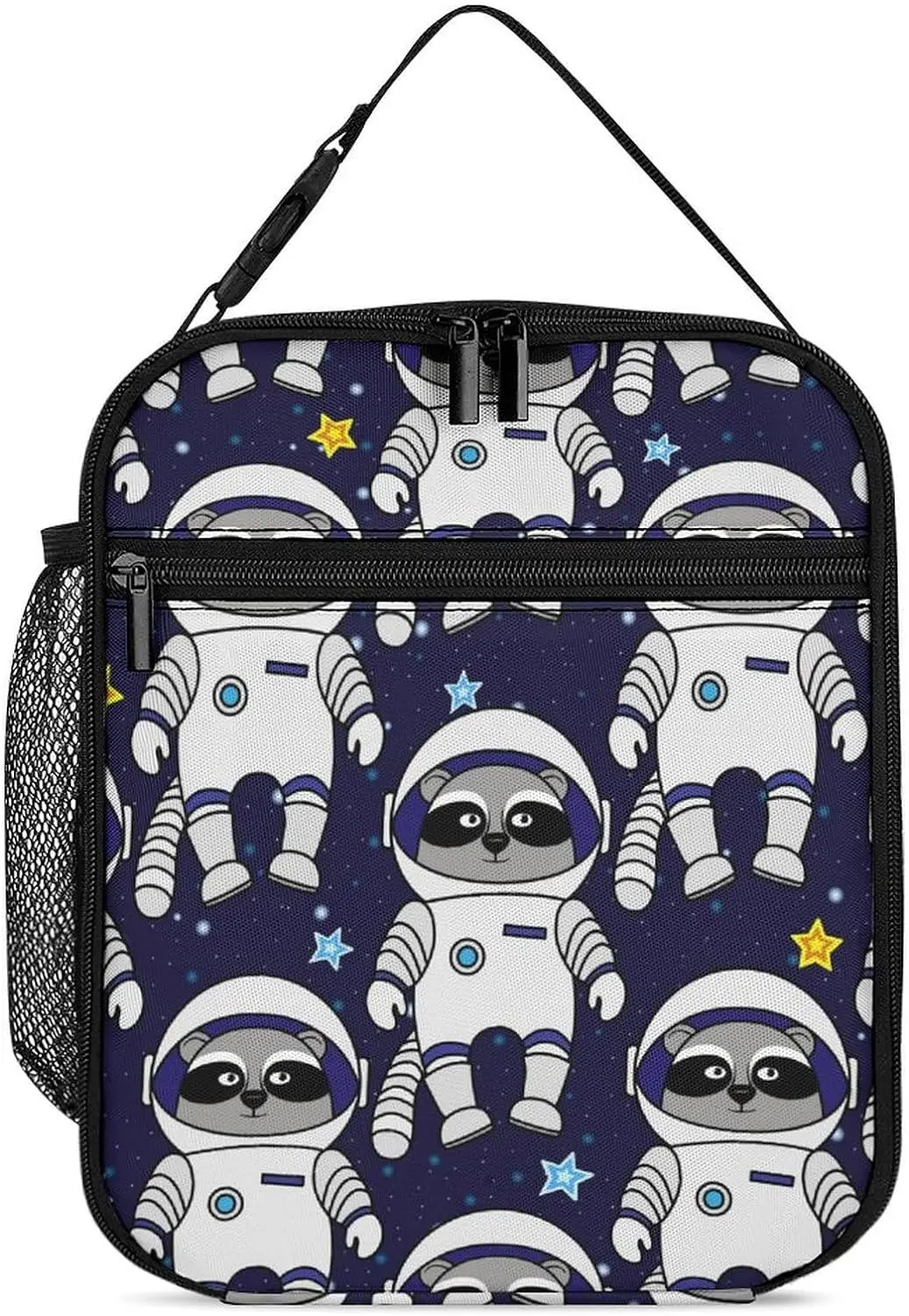 Funny Cartoon Space Raccoon Astronaut Lunch Bag Insulated Portable Reusable Lunch Box, Large Capacity Tote Bag with