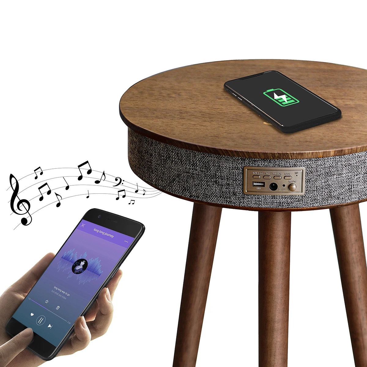 HOMEMORE Living Room Round Wood Nodic Smart Furniture Side Table Speaker Coffee Table With Speaker and Wireless Charger