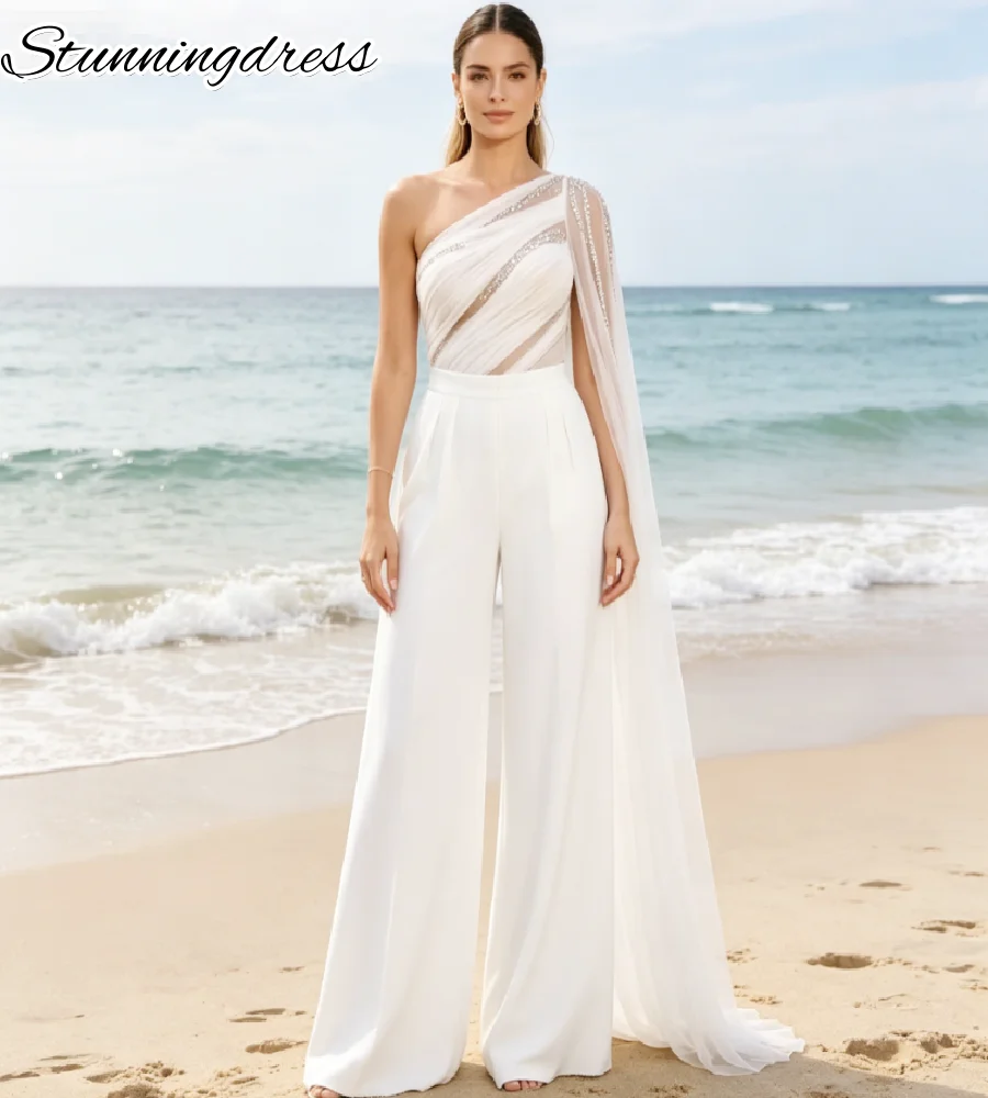 Boho Beach Jumpsuit Wedding Dress 2026 One Shoulder Cape Tulle Wide Leg Bridal Pants Suit Elopement Civil Beaded Bohemian Party