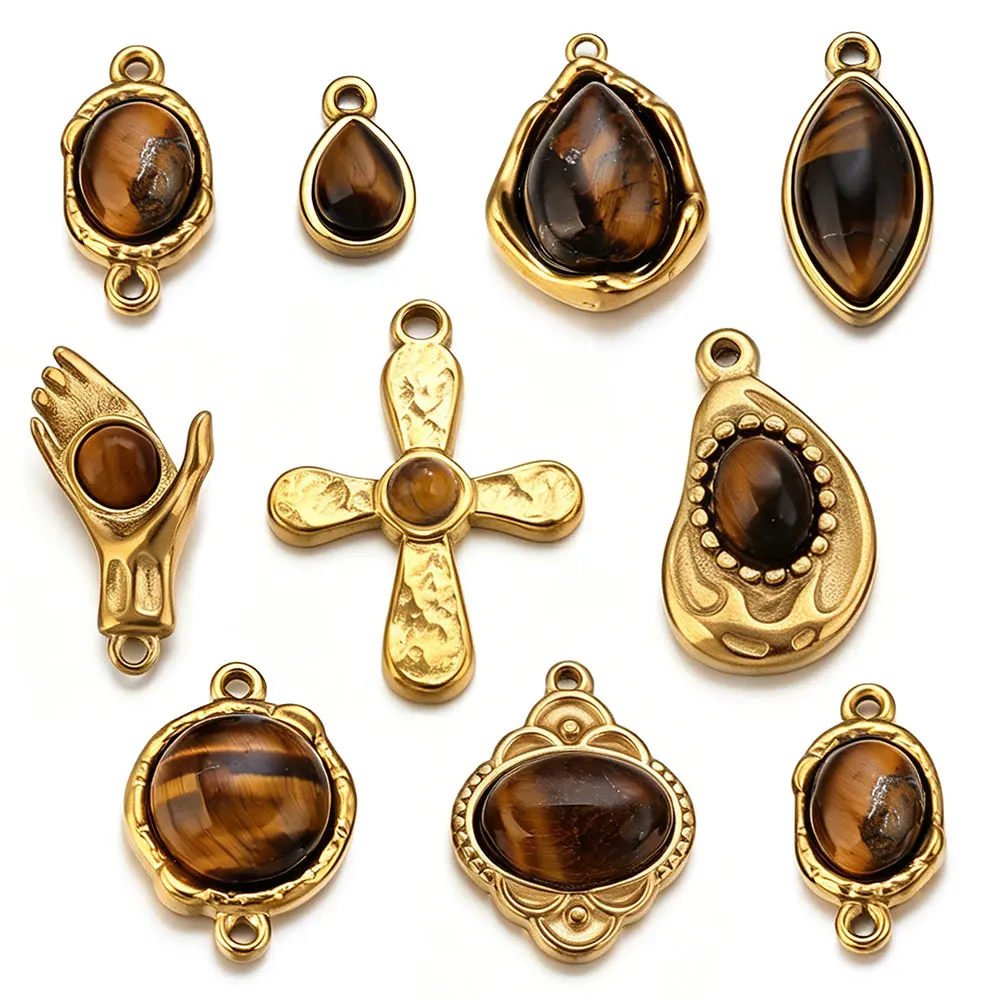 2/3/4/5pcs Stainless Steel Charm Inlay Tiger's Eye Stone Round Cross for DIY Necklace Earrings Bracelet Jewelry Making Wholesale view 5