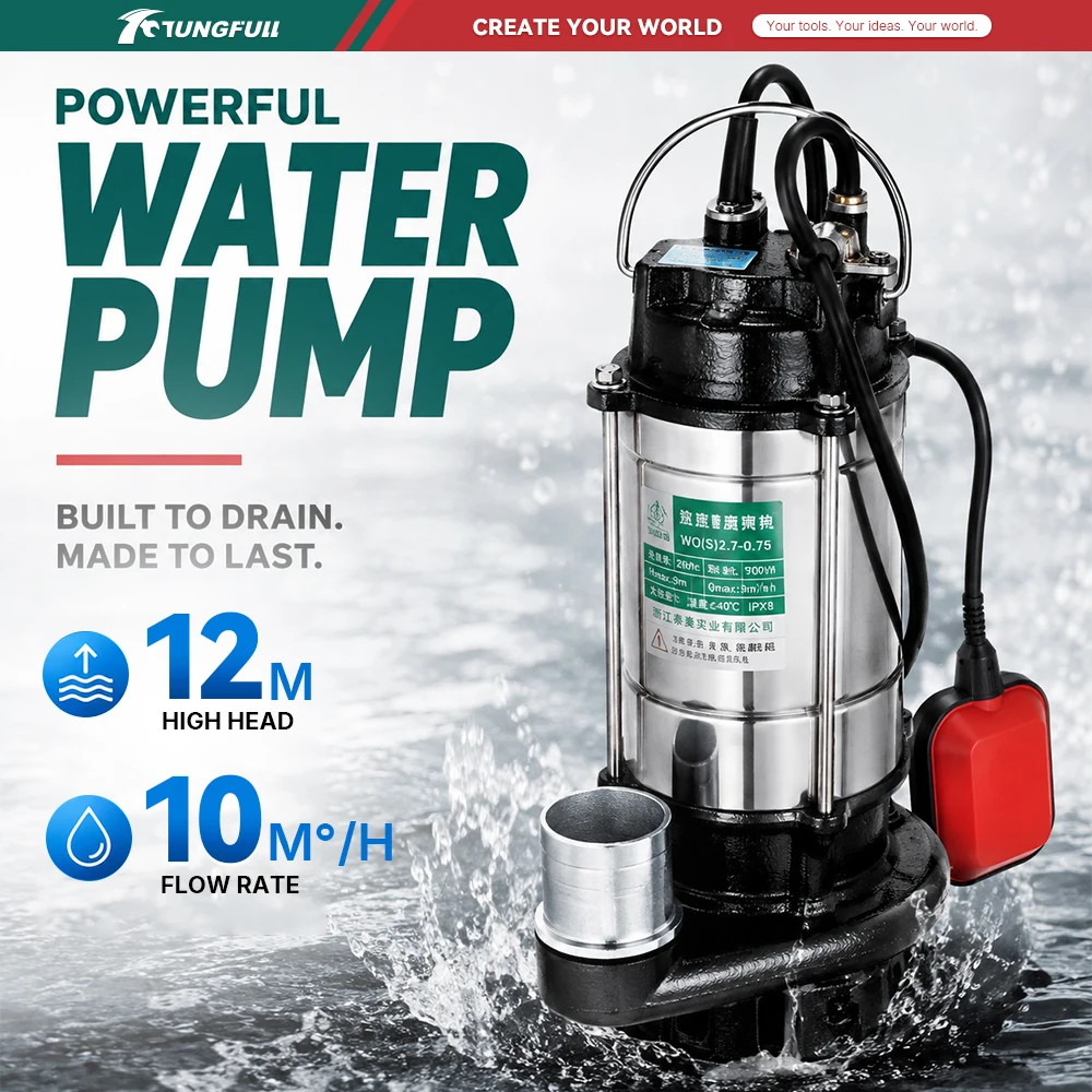 Household Stainless Steel Submersible Sewage Pump With Float Switch High Flow Dirty Water Pump For Septic Tank Basement Drainage
