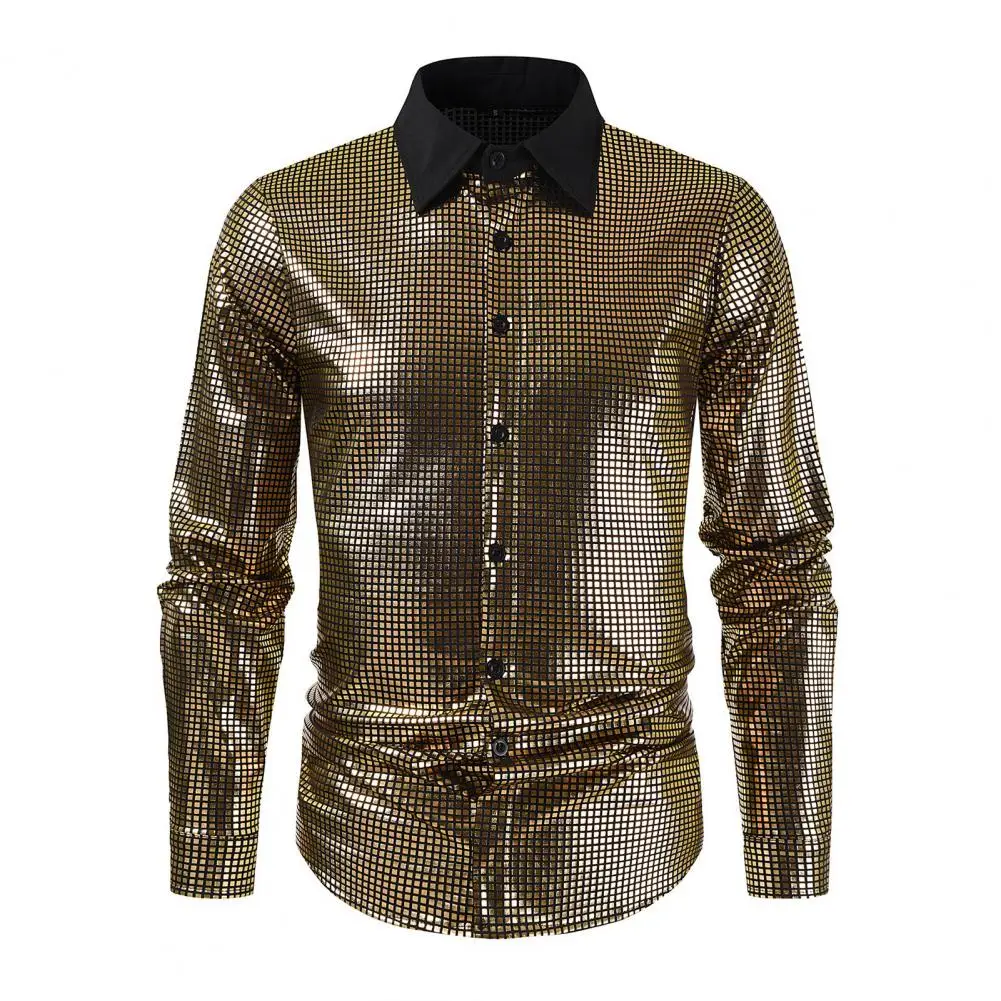 

Men Retro Sequin Shirt Glittery Autumn Men's Long Sleeved Shirt With Shiny Plaid Collar Casual Top Nightclubs Disco Shirts 2025