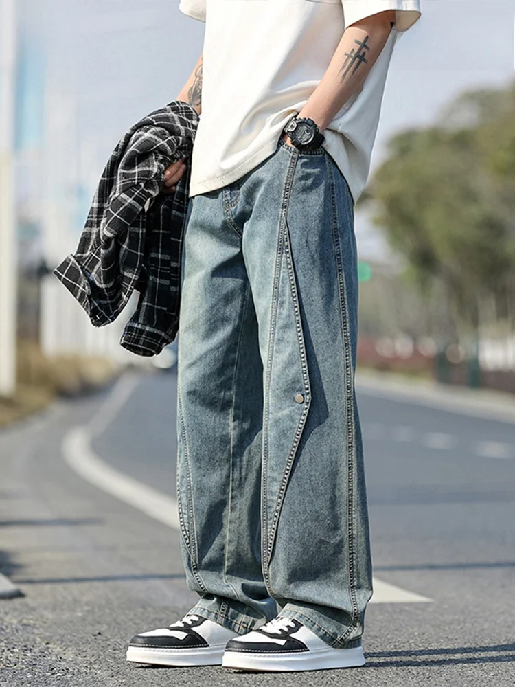 

Retro American High Street Men's Jeans Casual Pants Wide Leg Cotton Trousers Youthful Spring 2025 Dstring Waist