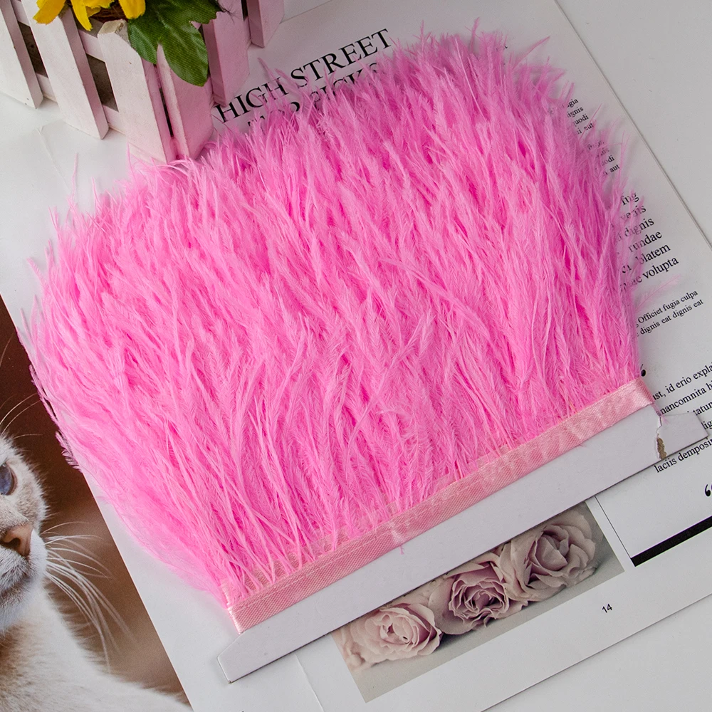 2Meters Premium Fluffy Colorful Ostrich Feathers Trim 8‑10cm Pink Plumes Ribbon for Wedding Costume Sewing DIY Craft Decoration