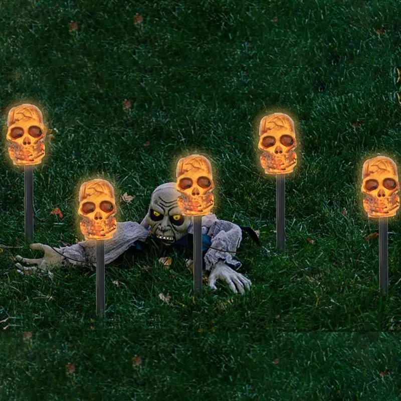 Solar Skull Lights Outdoor 5Pcs Waterproof Landscape Path Stake Lights Solar Powered Landscape Lighting For Yard Path Walkway