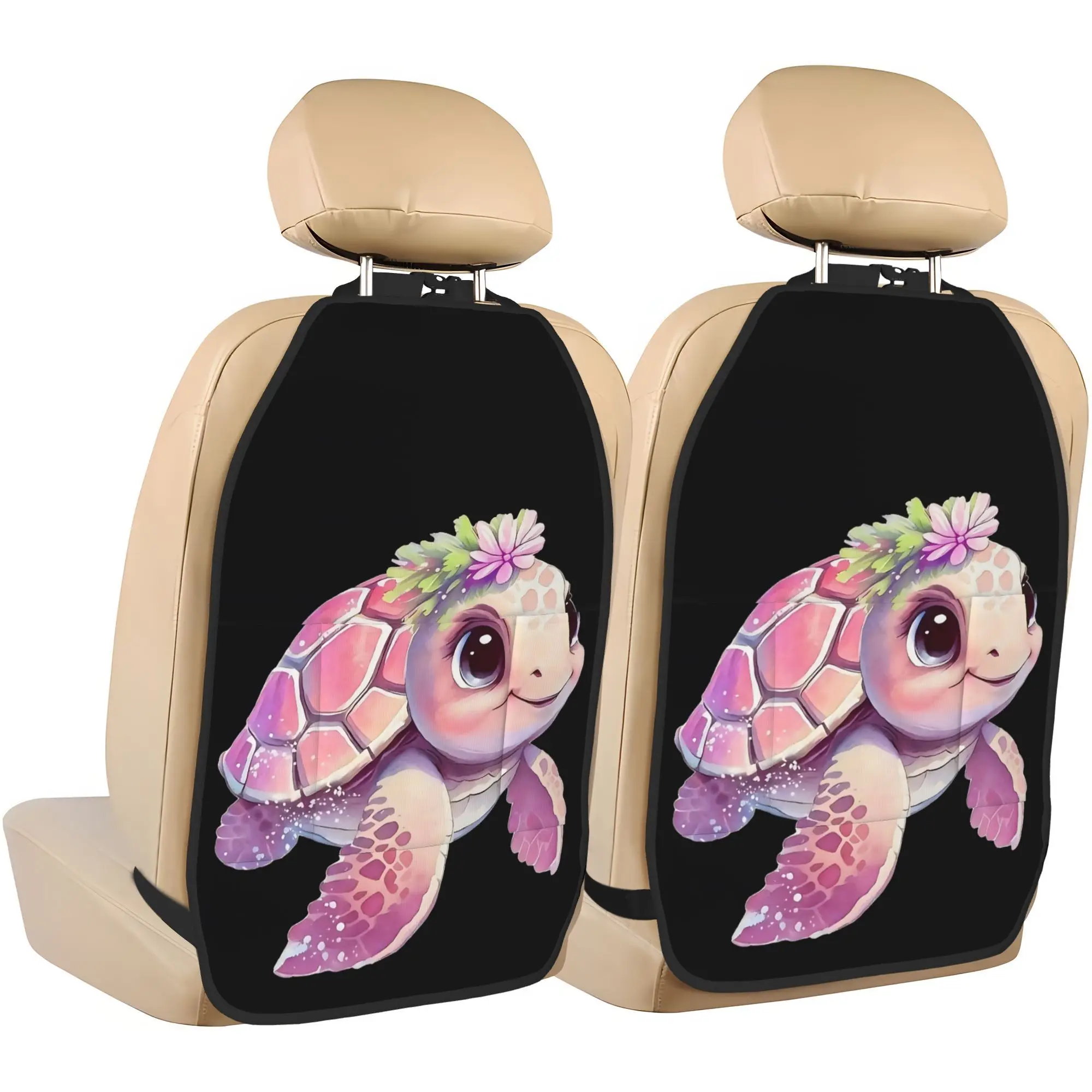 2D Printed Design, Set Of 2 Watercolor Pink Flower Sea Turtle Car Seat Back Anti-Kick Mats. Stylish Printed Storage Organizer Ke