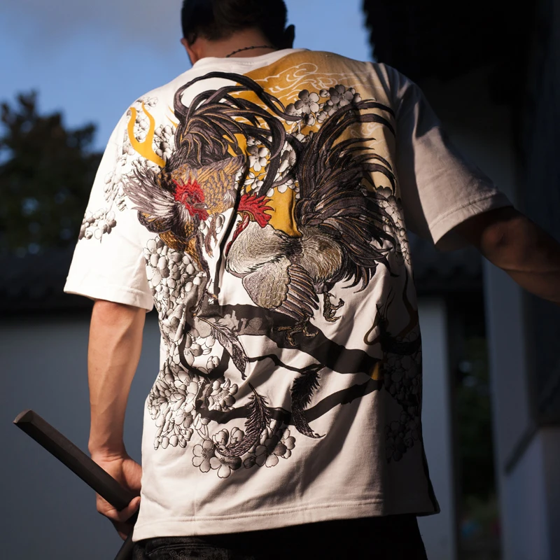 Summer New Original Embroidery Yokosuka Men and Women Couple Round Neck Short-sleeved T-shirt Ukiyo-e Rooster EmbroideryT Shirt