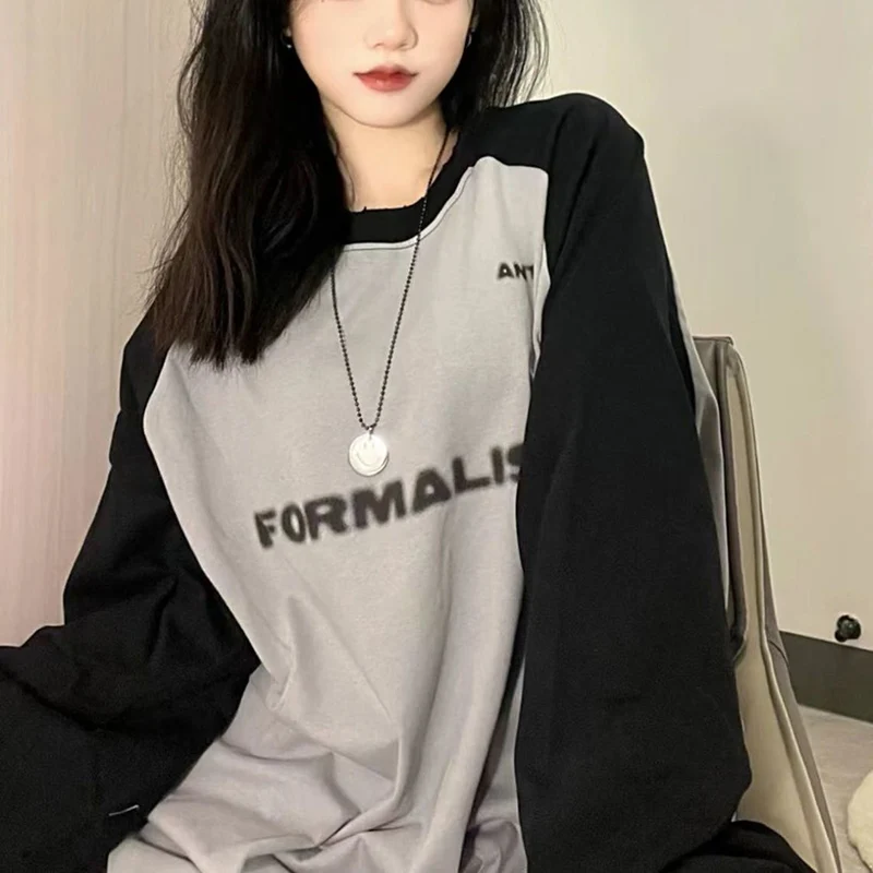 

Y2K Korean Cotton Retro T-Shirt Harajuku Streetwear Loose Patchwork Autumn O-Neck Tees Oversize Long Sleeve Gray Basic Top