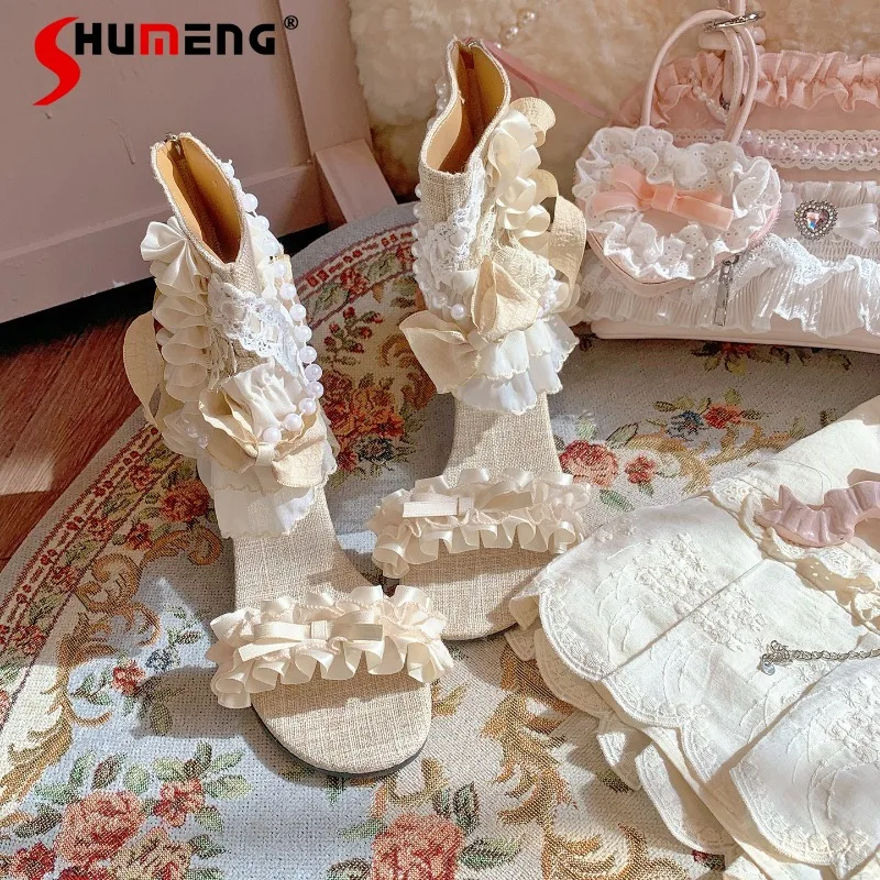 

Vintage Lace Bow Peep Toe Mid Heel Ankle Boots Original Design One Band Strap Sandals Sweet Elegant Ladies Daily Party Shoes