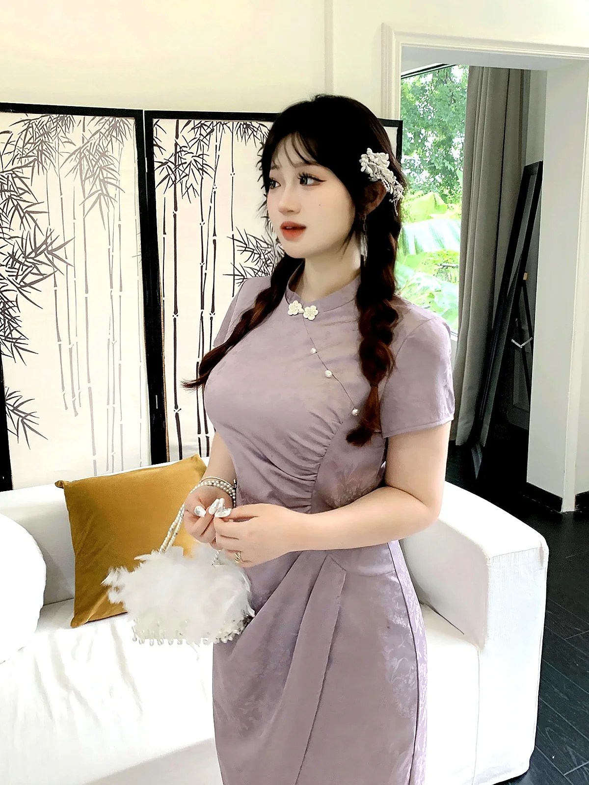 Robe Cheongsam chinoise longue pour femme, grande taille, amélioration moderne, violet, jacquard, style traditionnel chinois, été