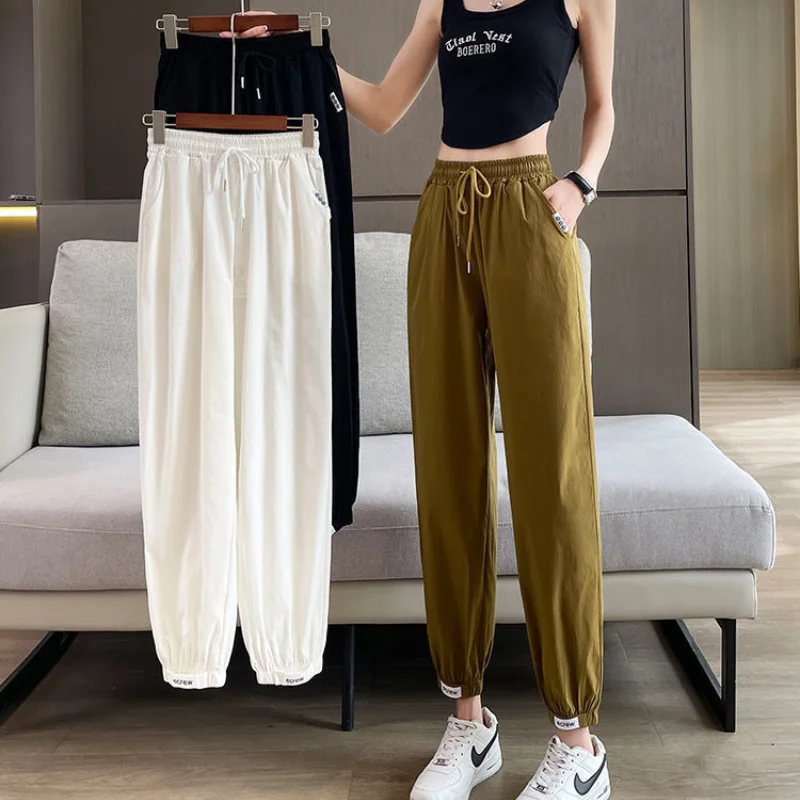 2024 New Summer Casual Loose Oversized Sports Style Fashionable Drawstring Elastic Waist Thin Quick Drying Hooded Harlan Pants