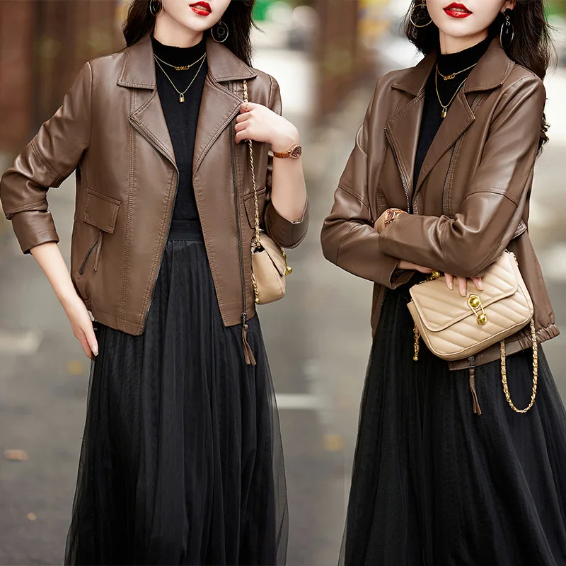 Jaqueta Streetwear com Zíper, Casaco Curto Feminino de Couro Sintético PU com Gola Dobrável, Coleção Outono Inverno NOVO 2026, Ideal para o Trabalho