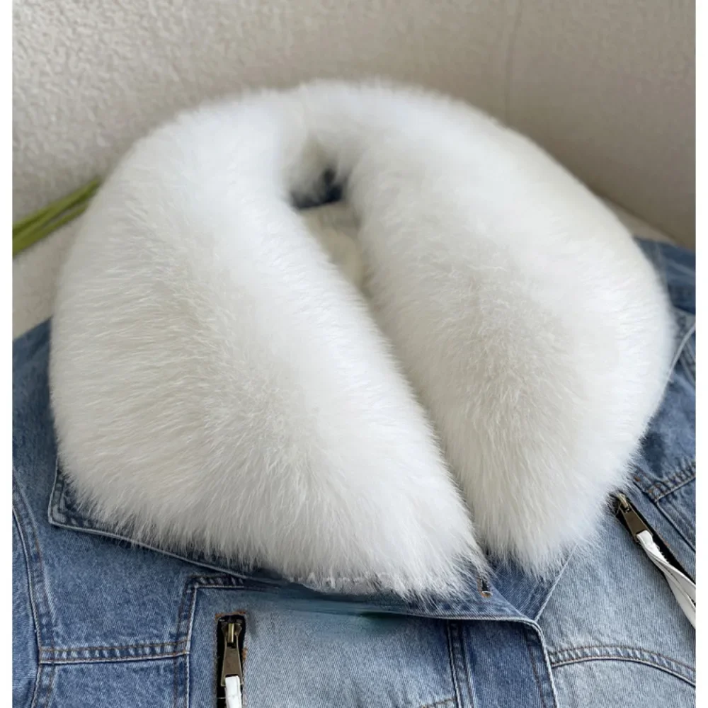 Real Big Fur Coat Denim 2024 Winter New Fox Fur Collar Down Jacket Short Casual White Goose Down Warm Jacket Women Parka Casual