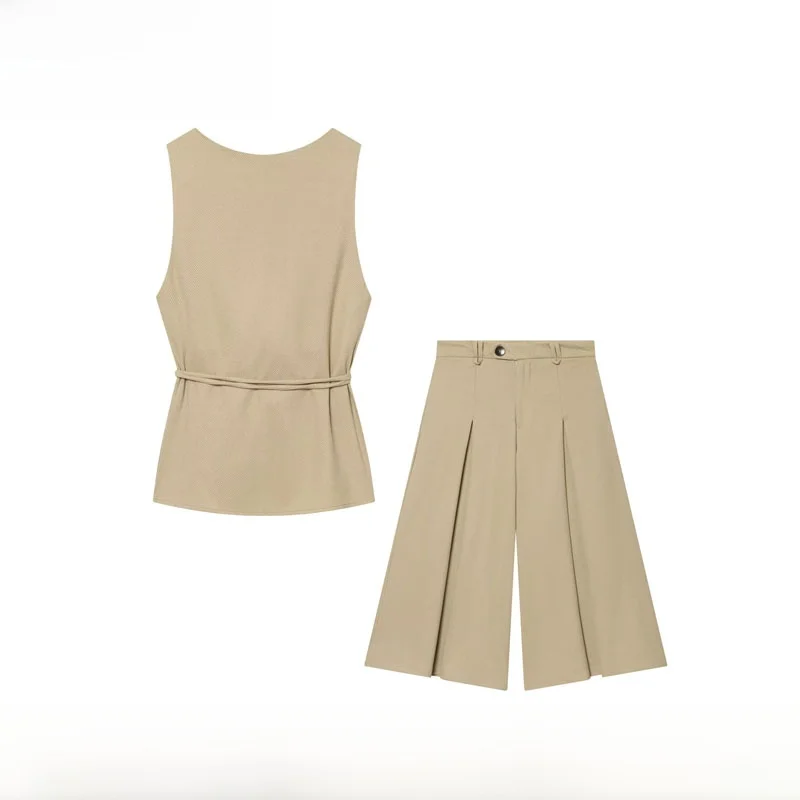 Spring Summer New Women's Mixed Wide Leg Pants with Belt ZR Style Fashion Set Two-Piece Suit Casual Wear Office Work Uniform