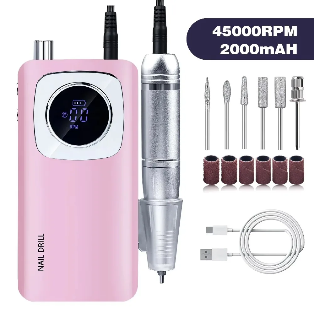 45000RPM 電動ネイルドリルマシン充電式 LCD ネイルファイルマニキュアツールポータブル低ノイズ電動ネイルアートドリル