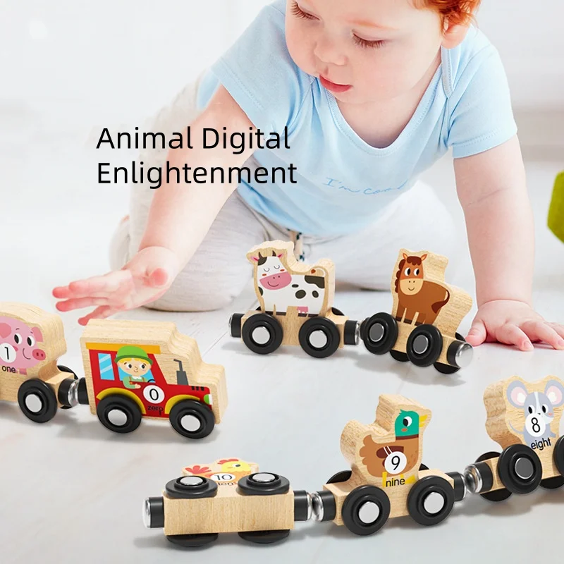 Wooden Train Toys for Toddler, Animal Number Letter Cognitive Games,Magnetic Train with Wooden Tracks, Boys & Girls Gifts