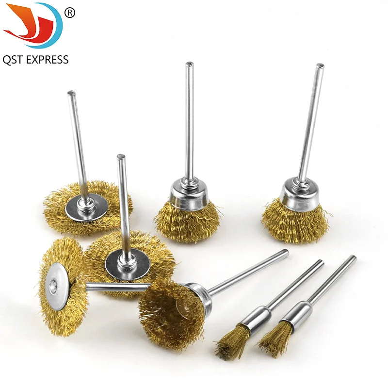 5-Piece 2.35mm Handle Brass Wire Wheel Brush Set for Rust Removal Deburring and Polishing