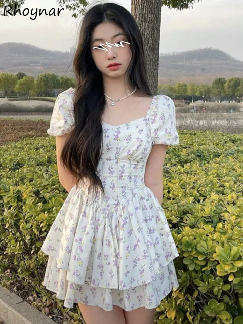 Sukienka z wysokim stanem damska letnia kwiatowa słodka kwadratowa sukienka z bufiastym rękawem księżniczka dziewczęca delikatna elegancka koreańska stylowa Preppy Chic