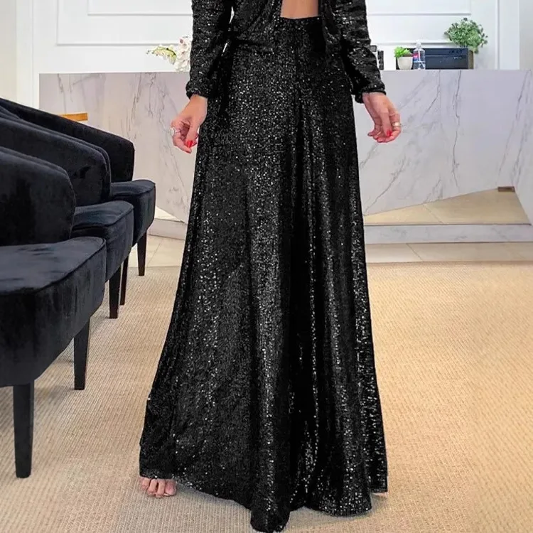 여성용 바지 우아한 실로 짜인 하이웨이스트 와이드 레그 팬츠 패션 바지 클럽 나이트 스팽글 탄력성 바지