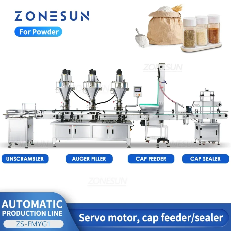 ZONESUN Auger Filling Capping Powder Production Line Servo Motor Bottle Jar Flour Milk Chili Cocoa Closure Sealing ZS-FMYG1