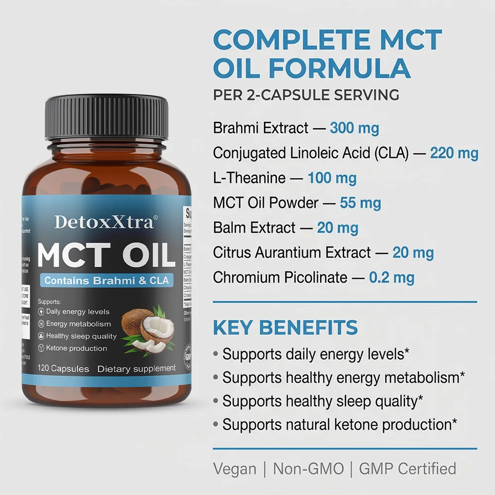 MCT Oil with Brahmi, GLA - Supports Daily Energy, Energy Metabolism, Healthy Sleep Quality, Ketone Production, Brain Support