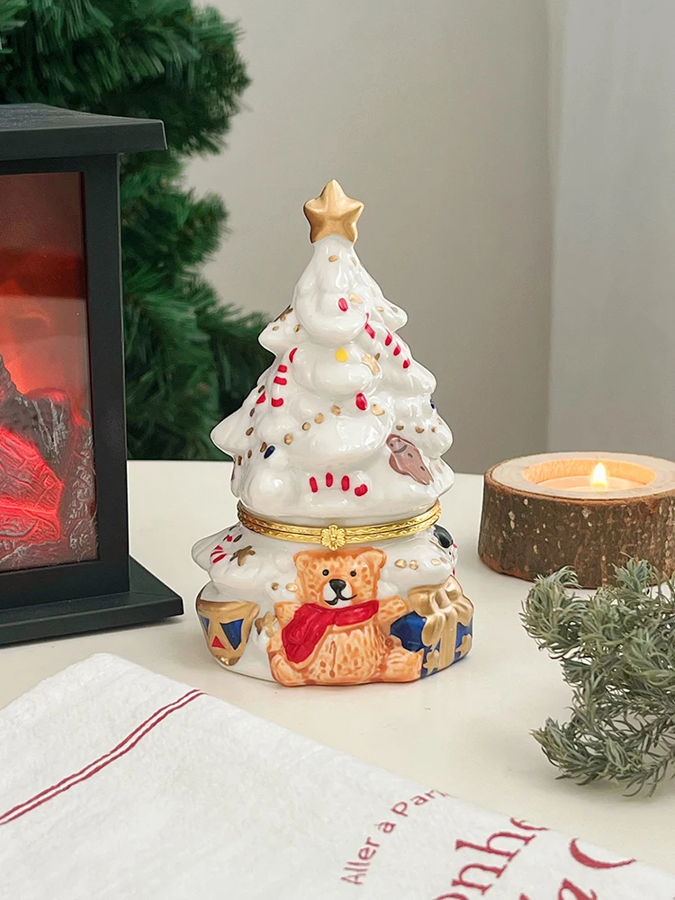 Storage Box Ceramic Christmas Tree Teddy Bear Storage Jar Cute Desktop Jewelry Box Decorative Ornaments Jewelry Organizer