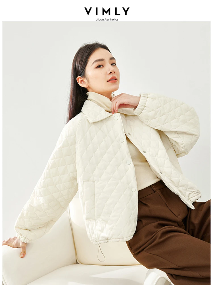 Vimly Apricot Lapel Argyle Parkas Cropped Quilted Jacket Women 2023 Winter Casual Loose Long Sleeve Women\'s Coat Clothing 16371