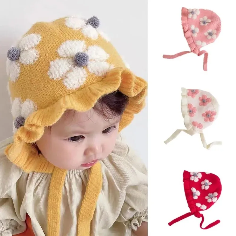 

Autumn Winter Knit Hats for 1 - 2 Year - old Kids and Girls Soft Princess - style Pom - pom Beanies for Babies Flower