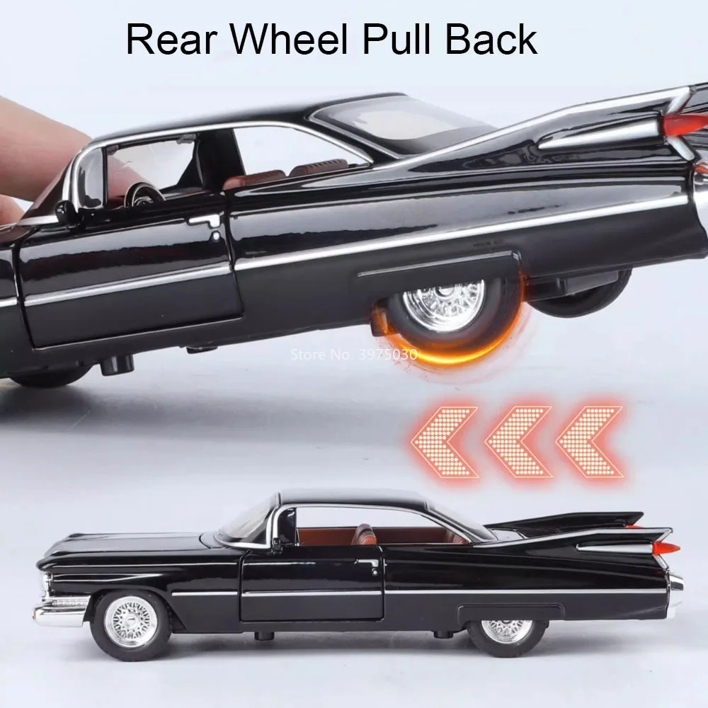 Schaal 1:32 Cadillac Eldorado Auto's Speelgoedmodellen Rubberen banden met lichte muziek Voertuigen Wiel Trek Miniatuur Automodel Ornament