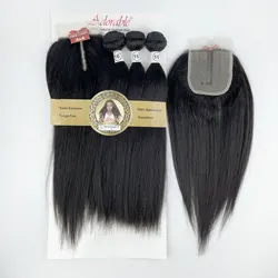 3PCS Natural Hair Mix Animal And Synthetic Hair Full Pack Solution,Packet Hair Blend Yaki Straight 3+1 With T Part Lace Closure