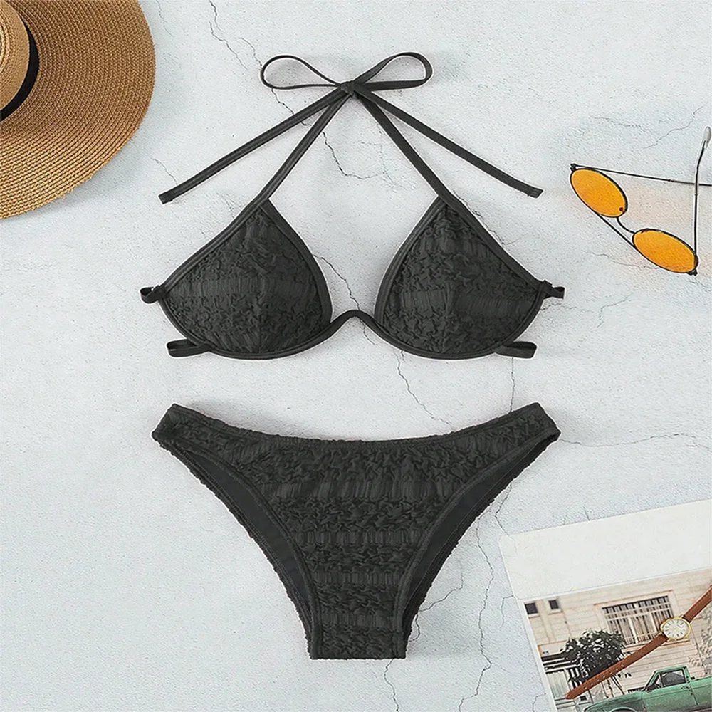 Czarne niebieskie zestawy bikini Halter String bandaż bez pleców strój kąpielowy Push Up ekstremalne pomarszczone stroje kąpielowe stringi damskie kostium kąpielowy na plaży