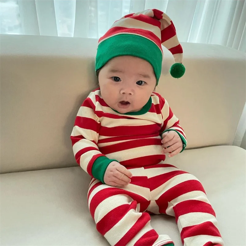 Christmas Autumn Winter Baby Suit Clothes Child Boys Girls  Cotton Cute Twin Red/Green Stripes Infant Long Sleeve Children\'s Set