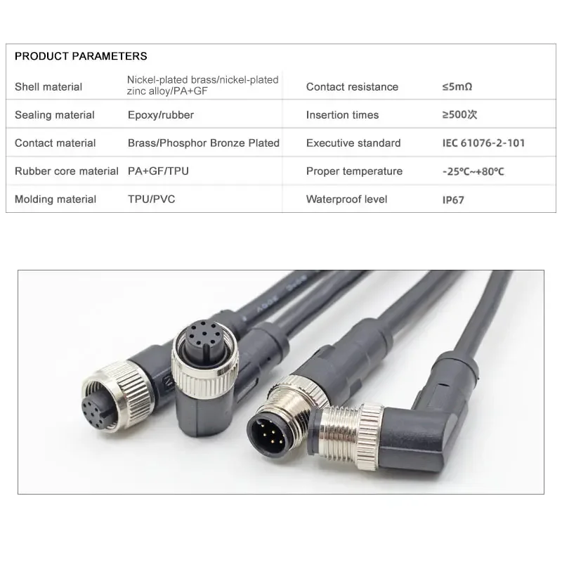 M12 2/3/4/5/12Pin Aviation Plug with Cable PVC/PUR IP67 Waterproof Male Female Threaded Connector Wire for Data Telecom Systems